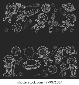 Space Kindergarten, school Astronomy lesson Children, doodle kids illustration Ufo, alien, Moon surface, Earth, Jupiter, Saturn, Mars Vector icons