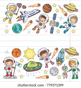 Space Kindergarten, school Astronomy lesson Children, doodle kids illustration Ufo, alien, Moon surface, Earth, Jupiter, Saturn, Mars Vector icons