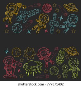 Space Kindergarten, school Astronomy lesson Children, doodle kids illustration Ufo, alien, Moon surface, Earth, Jupiter, Saturn, Mars Vector icons