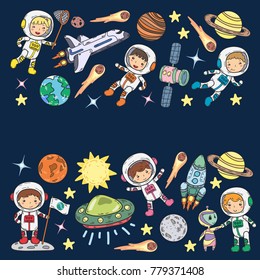 Space Kindergarten, school Astronomy lesson Children, doodle kids illustration Ufo, alien, Moon surface, Earth, Jupiter, Saturn, Mars Vector icons