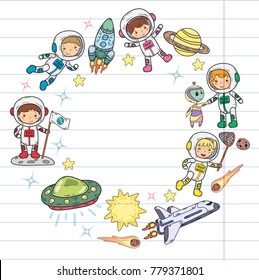 Space Kindergarten, school Astronomy lesson Children, doodle kids illustration Ufo, alien, Moon surface, Earth, Jupiter, Saturn, Mars Vector icons