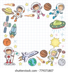 Space Kindergarten, school Astronomy lesson Children, doodle kids illustration Ufo, alien, Moon surface, Earth, Jupiter, Saturn, Mars Vector icons