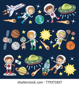 Space Kindergarten, school Astronomy lesson Children, doodle kids illustration Ufo, alien, Moon surface, Earth, Jupiter, Saturn, Mars Vector icons