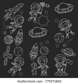 Space Kindergarten, school Astronomy lesson Children, doodle kids illustration Ufo, alien, Moon surface, Earth, Jupiter, Saturn, Mars Vector icons