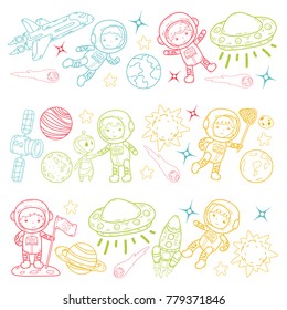 Space Kindergarten, school Astronomy lesson Children, doodle kids illustration Ufo, alien, Moon surface, Earth, Jupiter, Saturn, Mars Vector icons