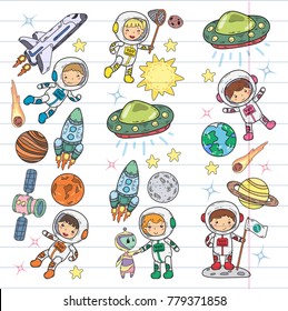 Space Kindergarten, school Astronomy lesson Children, doodle kids illustration Ufo, alien, Moon surface, Earth, Jupiter, Saturn, Mars Vector icons