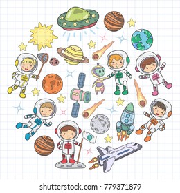 Space Kindergarten, school Astronomy lesson Children, doodle kids illustration Ufo, alien, Moon surface, Earth, Jupiter, Saturn, Mars Vector icons