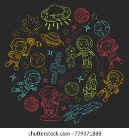 Space Kindergarten, school Astronomy lesson Children, doodle kids illustration Ufo, alien, Moon surface, Earth, Jupiter, Saturn, Mars Vector icons