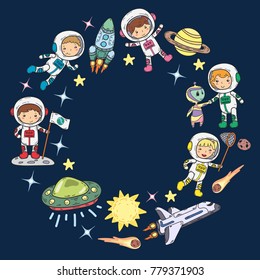 Space Kindergarten, school Astronomy lesson Children, doodle kids illustration Ufo, alien, Moon surface, Earth, Jupiter, Saturn, Mars Vector icons