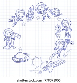 Space Kindergarten, school Astronomy lesson Children, doodle kids illustration Ufo, alien, Moon surface, Earth, Jupiter, Saturn, Mars Vector icons