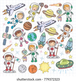 Space Kindergarten, school Astronomy lesson Children, doodle kids illustration Ufo, alien, Moon surface, Earth, Jupiter, Saturn, Mars Vector icons