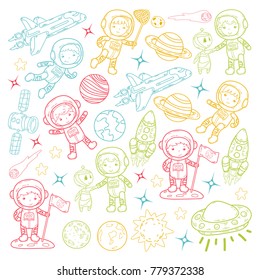 Space Kindergarten, school Astronomy lesson Children, doodle kids illustration Ufo, alien, Moon surface, Earth, Jupiter, Saturn, Mars Vector icons