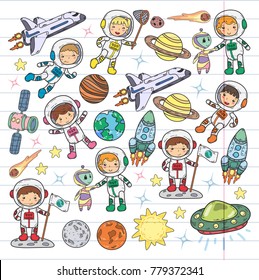 Jardim de Infância Espaço, escola Aula de Astronomia Crianças, crianças rabiscar ilustração Ufo, alienígena, superfície da Lua, Terra, Júpiter, Saturno, Ícones vetoriais