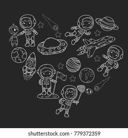 Space Kindergarten, school Astronomy lesson Children, doodle kids illustration Ufo, alien, Moon surface, Earth, Jupiter, Saturn, Mars Vector icons