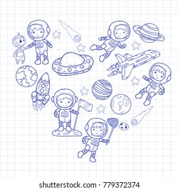 Space Kindergarten, school Astronomy lesson Children, doodle kids illustration Ufo, alien, Moon surface, Earth, Jupiter, Saturn, Mars Vector icons