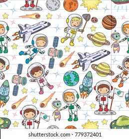 Space Kindergarten, school Astronomy lesson Children, doodle kids illustration Ufo, alien, Moon surface, Earth, Jupiter, Saturn, Mars Vector icons