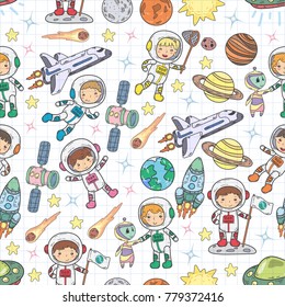 Space Kindergarten, school Astronomy lesson Children, doodle kids illustration Ufo, alien, Moon surface, Earth, Jupiter, Saturn, Mars Vector icons