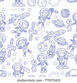 Space Kindergarten, school Astronomy lesson Children, doodle kids illustration Ufo, alien, Moon surface, Earth, Jupiter, Saturn, Mars Vector icons