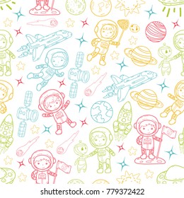 Space Kindergarten, school Astronomy lesson Children, doodle kids illustration Ufo, alien, Moon surface, Earth, Jupiter, Saturn, Mars Vector icons