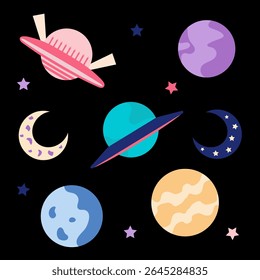 Space kit. Planets and spaceships. Flat style. Vector illustration. Space exploration