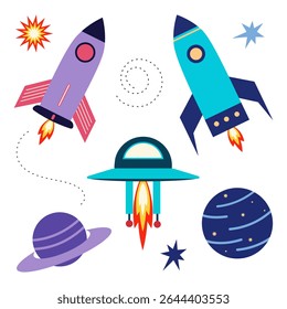 Space kit. Rockets, planets, and spaceships are highlighted on a white background. Flat style. Vector illustration. Space exploration