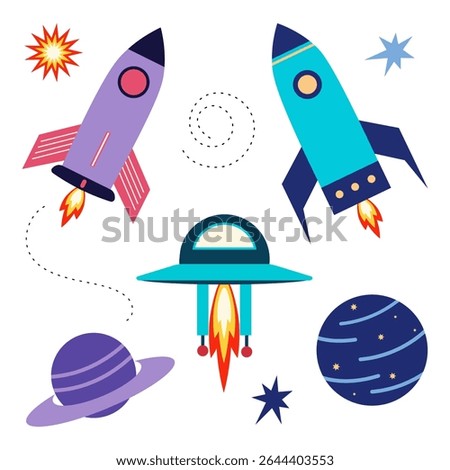 Space kit. Rockets, planets, and spaceships are highlighted on a white background. Flat style. Vector illustration. Space exploration