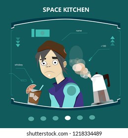 Space kitchen on a box with charts. Vector illustration in cartoon style