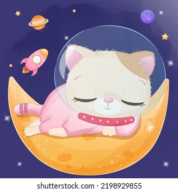 Space Kitten in Watercolor Illustration