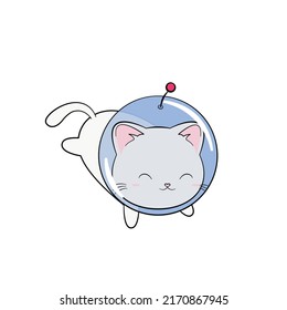 Space kitty in the space helmet flying in other space. Funny and cute cat astronaut, baby animal. Kitten in cosmos. Vector illustration.