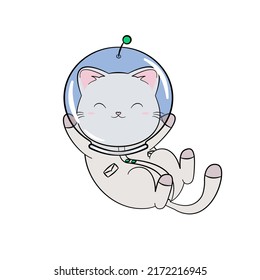 Space kitty in the helmet and space suit. Funny and cute cat astronaut, baby animal. Kitten in cosmos. Vector illustration.