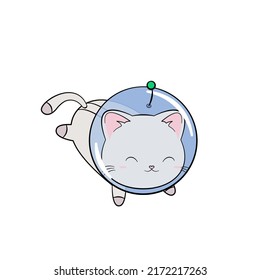 Space kitty in the helmet and space suit. Funny and cute cat astronaut, baby animal. Kitten in cosmos. Vector illustration.