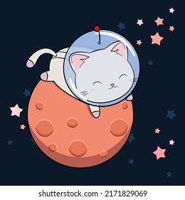 Space kitty in the helmet and space suit on the Mars. Cat astronaut lying on a red planet. Funny and cute cat astronaut, baby animal. Kitten in cosmos. Vector illustration.