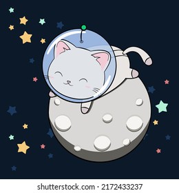 Space kitty in the helmet and space suit on the Moon. Cat astronaut lying on a silver planet. Funny and cute cat astronaut, baby animal. Kitten in cosmos. Vector illustration.