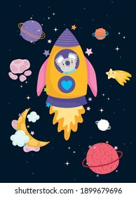 space koala in rocket moon star and planets adventure explore animal cartoon vector illustration