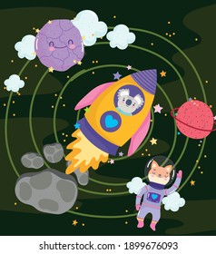 space koala in spaceship fox astronaut and planets adventure explore animal cartoon vector illustration
