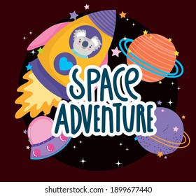 Space Koala In Spaceship Ufo And Planets Adventure Explore Animal Cartoon Vector Illustration