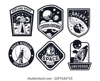 Space labels black and white set. Planets, galaxies and universes. Astrology and astronomy, scientific research. Rocket and galaxy. Cartoon flat vector illustrations isolated on white background