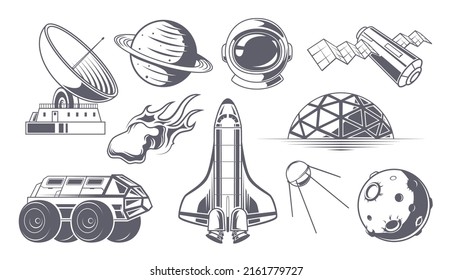 Space labels. Monochrome badges with space rockets astronaut exploring universe adventure shuttles exact vector illustration stylized