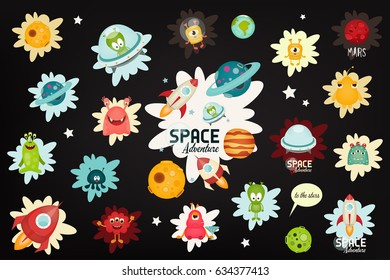 Space Labels Set - Cartoon Aliens and Galaxy Monsters with Shuttles, Rockets and Spaceships on Black Background. Vector Illustration.