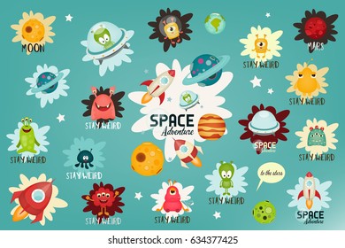 Space Labels Set - Cartoon Aliens and Galaxy Monsters with Shuttles, Rockets and Spaceships. Vector Illustration.