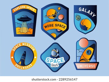 Space labels set. Collection of stickers for social networks and messengers. Astronaut, spaceship, planets and UFO. Galaxy and universe. Cartoon flat vector illustrations isolated on blue background