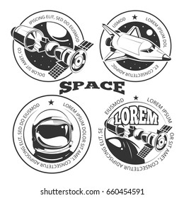 Space Labels Set - Labels Or Logo With Shuttle, International Space Station And Astronaut. Vector Illustration