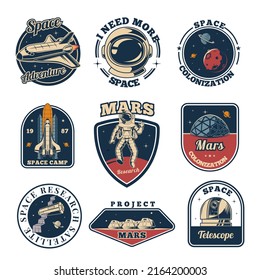 Space Labels. Universe Emblems Astronaut Space Exploration Science With Rockets And Helmets Professional Suit Exact Vector Stickers With Place For Text