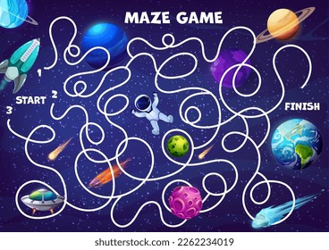 Space labyrinth maze find astronaut, rocket and Earth planet. Kids vector board game worksheet with starship searching correct way on tangled path in alien galaxy. Cartoon educational adventure quiz