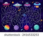 Space labyrinth maze game, help to alien UFO find planet, vector quiz puzzle for kids. Help to Martians in UFO saucer find way to planets in tangled path in galaxy on cartoon labyrinth maze worksheet