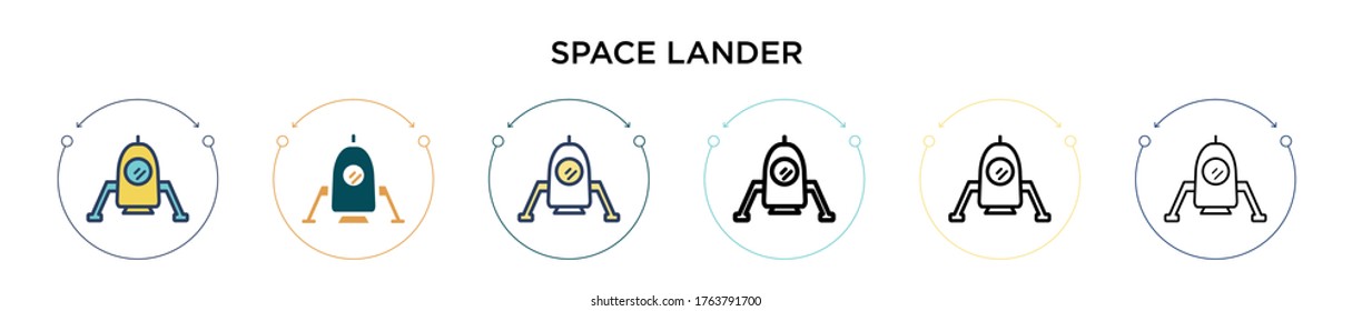 Space lander icon in filled, thin line, outline and stroke style. Vector illustration of two colored and black space lander vector icons designs can be used for mobile, ui, web