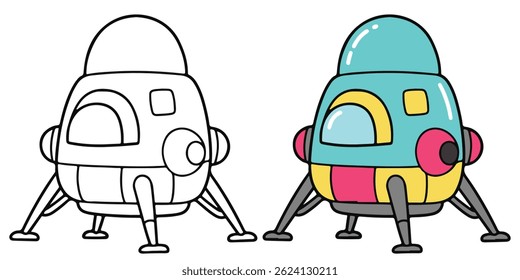 Space Lander Line Art Vector Outline Illustration Black and White with Coloring Sample