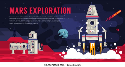 Space landing module lands on Mars. Landscape with a space station on an alien planet. Vector illustration.