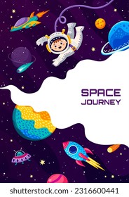 Página de aterrizaje espacial. Astronauta infantil en el espacio ultraterrestre y cohetes. Anuncio de diseño de página inicial o de vectores con niño alegre en el espacio en el espacio exterior, naves espaciales y planetas de galaxia alienígena