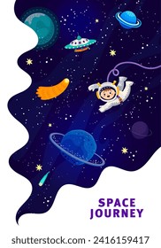 Space landing page, poster or flyer with starry universe, galaxy planets and stars, vector website or web page. Kid astronaut and UFO starship in outer space, spaceman journey adventure on rocket